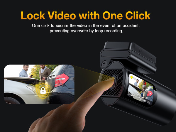 Dashboard camera interface demonstrating one-click video lock feature with finger pressing button and split-screen car incident views.
