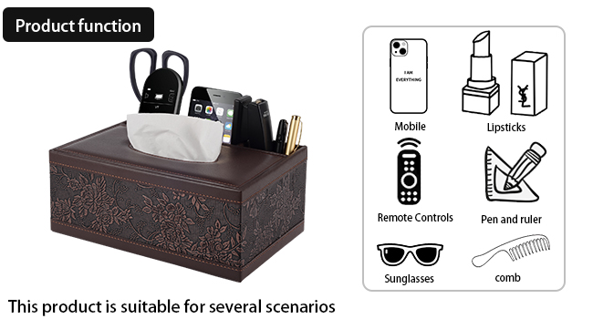 Text reads 'Product function'. Product usage diagram showing tissue box functionality with icons for sunglasses, remote control, and comb storage options.