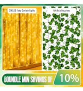 HXWEIYE 300LED 9.8x9.8 Ft Curtain Lights with Remote and 6 Pack Fake Vines for Bedroom, 8 Modes a...