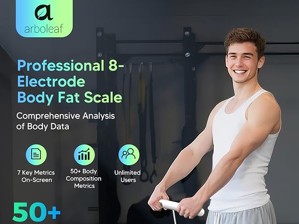Arboleaf professional 8-electrode body fat scale with male model using handle in gym
