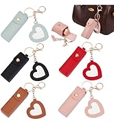 CALFOVERA 5 Colors Heart Mirror Lipstick Holder Keychains for Women Ladies 4PCS PU Leather Mini P...