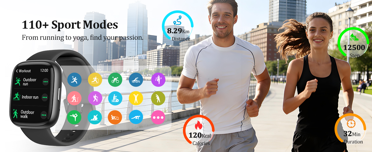 Text reads '110+ Sport Modes'. Smartwatch interface displays showing various fitness tracking screens and activity modes with colorful app icons.