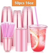 KesaPlan 50 Pack 16 oz Pink Plastic Party Cups with Lids and Straws, Disposable Iced Coffee Cup w...