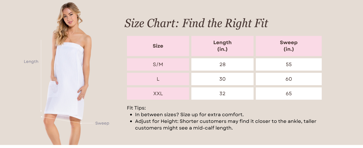 shower wrap, bath wrap, bath towel, size chart
