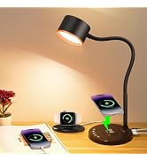 LED Desk Lamp with Wireless Charger, USB C + A Charging Ports, Eye-Caring Metal Bedside Lamp, 5 C...