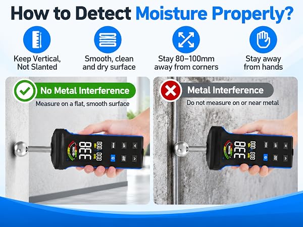 Text reads 'How to Detect Moisture Properly?' with four blue instruction icons showing detection methods. Below shows 'No Metal Interference' and 'Metal Interference' comparison with two black digital moisture meter devices displayed.
