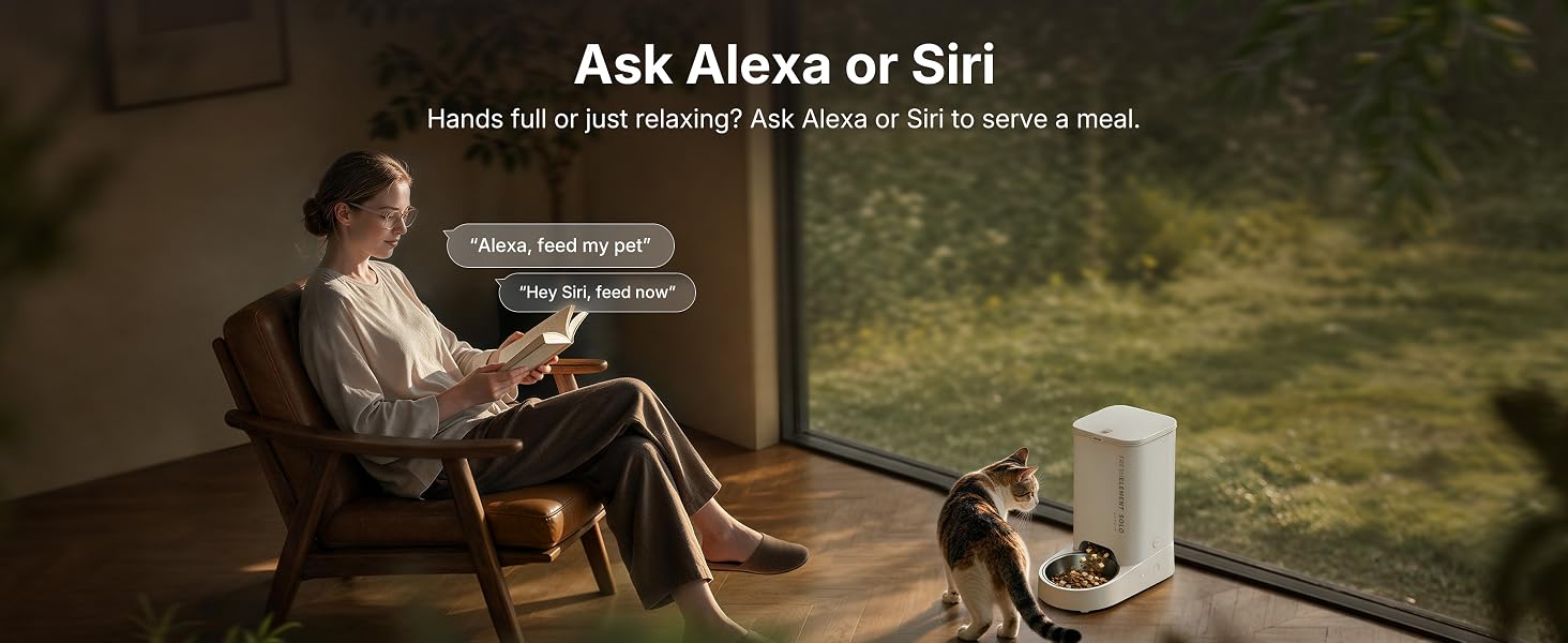 Text reads 'Ask Alexa or Siri' with subtitle 'maintain full control over the robot or call for help using voice command.' Man sitting in armchair holding device with white smart speaker visible.
