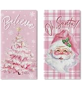 Croar Pink Christmas Oh Santa Claus Kitchen Dish Towels Set of 2, Xmas Tree Believe Plaid Farmhou...