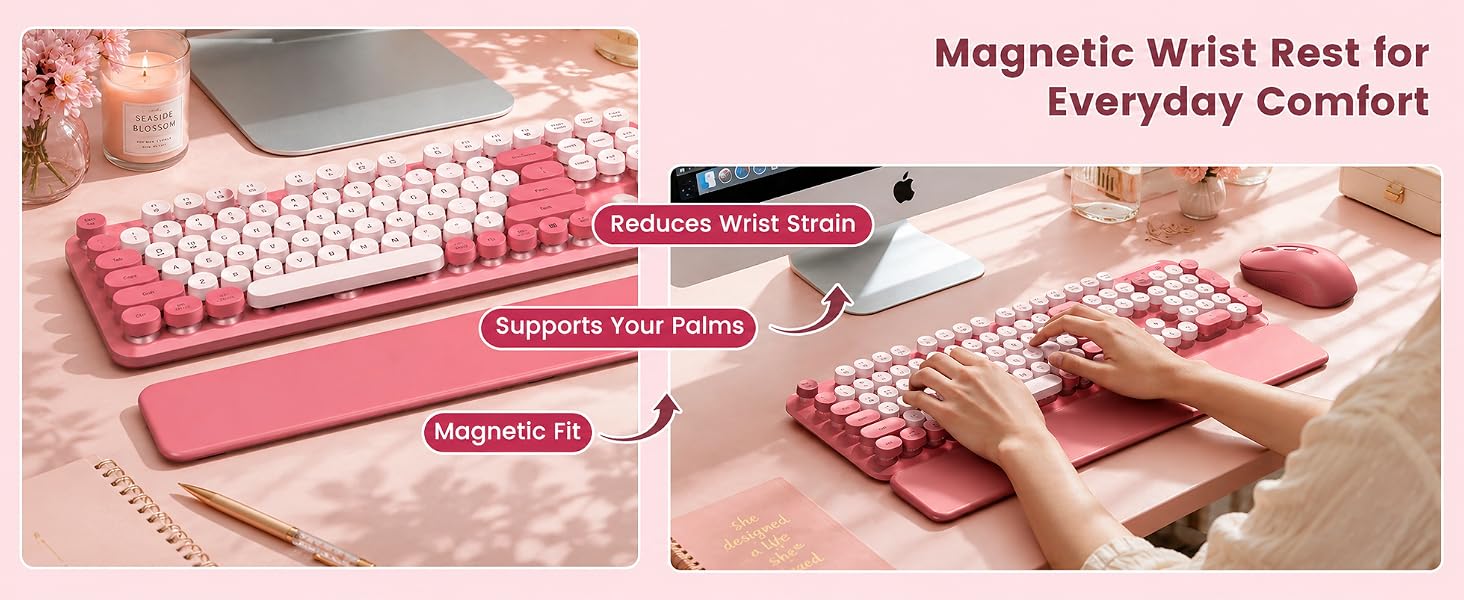 Pink round-key keyboard and matching mouse with magnetic wrist rest for comfortable typing.