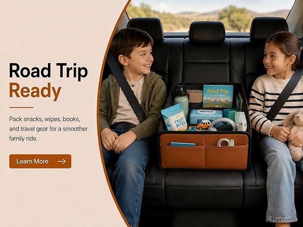 Road trip car organizer with snack, drink, tissue, toy, and backseat storage pockets.
