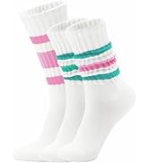 Acomono Retro Striped Slouchy Crew Socks for Men & Women 3 Pairs Cotton Athletic Tube Cushioned C...