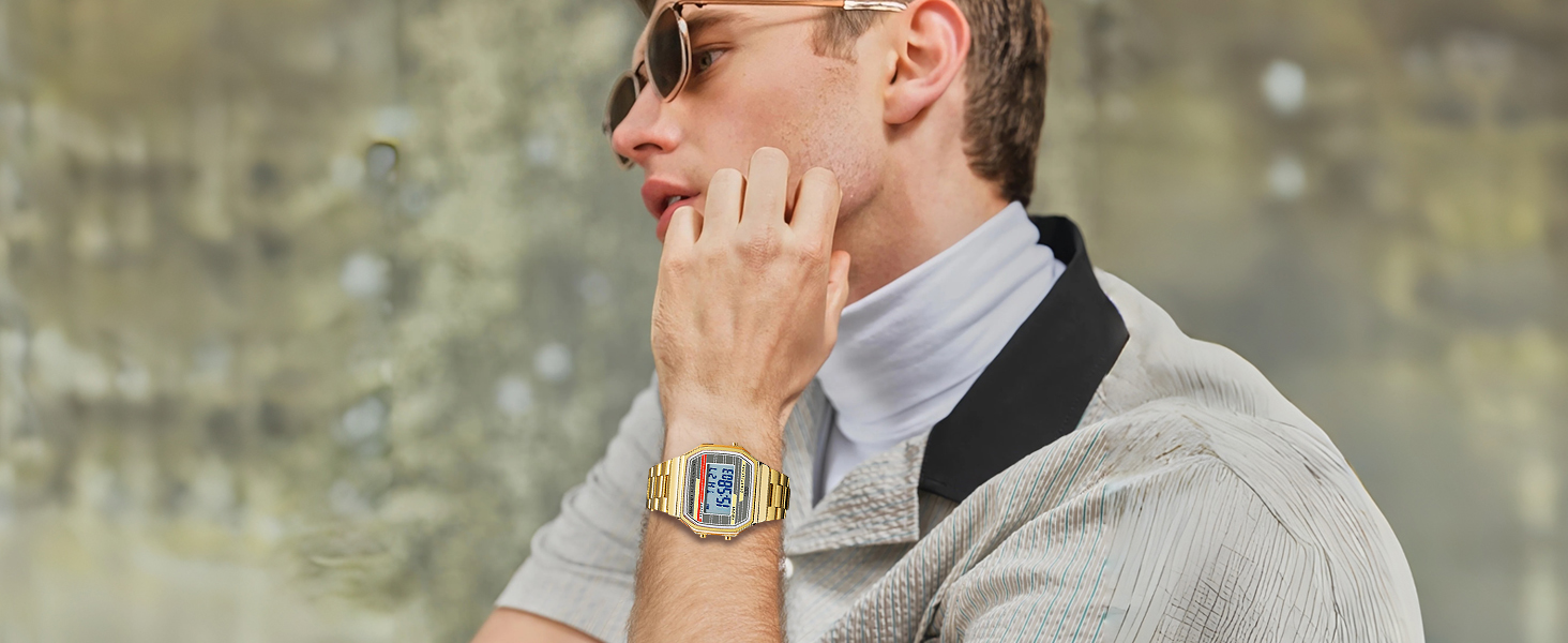 Man wearing a gold-tone retro square digital watch, stainless steel bracelet easy-to-read display