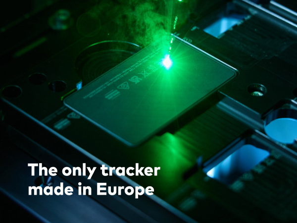 Text reads 'The only tracker made in Europe'. Green and blue glowing circuit board with microchip on dark background.