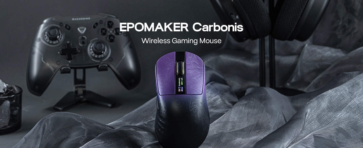 Text reads 'EPOMAKER Cerboria', 'Wireless Gaming Mouse'. Black wireless gaming mouse displayed with purple accent lighting on dark textured surface.