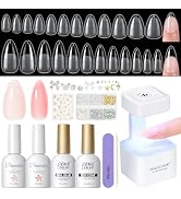 PEACECOLOR Gel Nail Kit Almond, 240Pcs Almond Clear Nail Tips with Portable U V Light, 2pc Pink N...