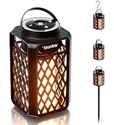 Portable outdoor lantern with flame-effect LED light, latticed body, and handle. Features multiple mounting options: tabletop, hanging hook, and ground stake for versatile outdoor lighting.