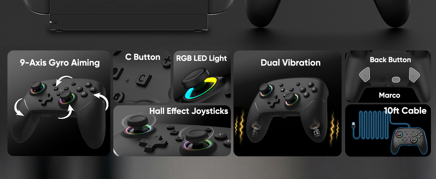 Dual vibration, hall effect joysticks, back button, 10 ft cable, back button, c button