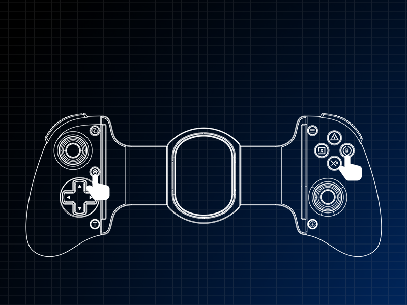 Blueprint-style illustration of video game controller with buttons, triggers, and analog sticks on dark navy background with grid pattern.