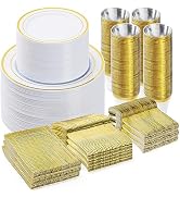 BESTVIP 600PCS Plastic Dinnerware Set (100 Guests), Gold Disposable Plates for Party, Wedding, An...
