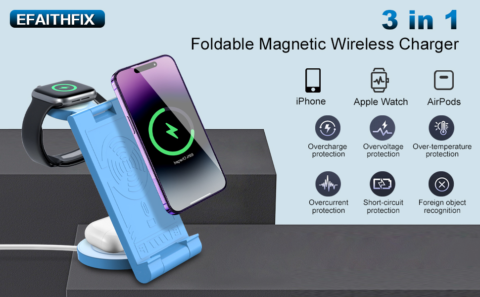 EFAITHFIX 3 in 1 foldable magnetic wireless charger