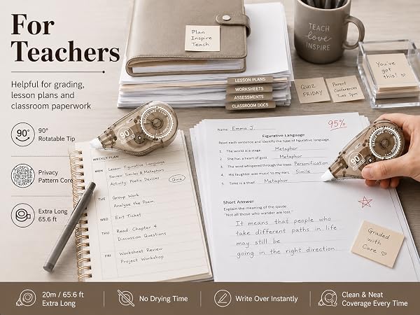 Teacher uses dry correction tape on grading papers, lesson plans and worksheets for cleaner edits.