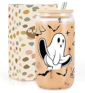 GSPY Halloween Ghost Glass Cups with Lids & Straws - Cute Spooky Iced Coffee Cup, 16 oz Middle Fi...