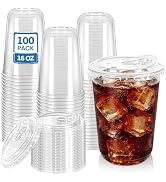 LIKAJON 100 Clear Plastic Cups with Strawless Sip Lids, 16 oz Disposable Iced Coffee Cups with Li...