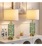 Oneach 24.5" Bedside Table Lamps Set of 2, Green Glass Nightstand Lamps with USB A+C Charging Por...
