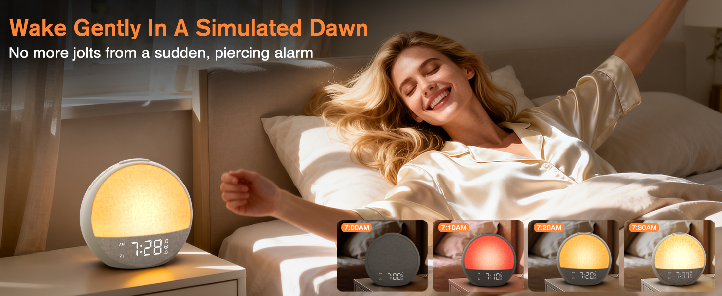 young woman wake up to sunlight with smile on face in the morning