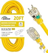 HONDERSON 20FT 14/3 Lighted Outdoor Extension Cord - 14 Gauge 3 Prong SJTW Heavy Duty Yellow Exte...