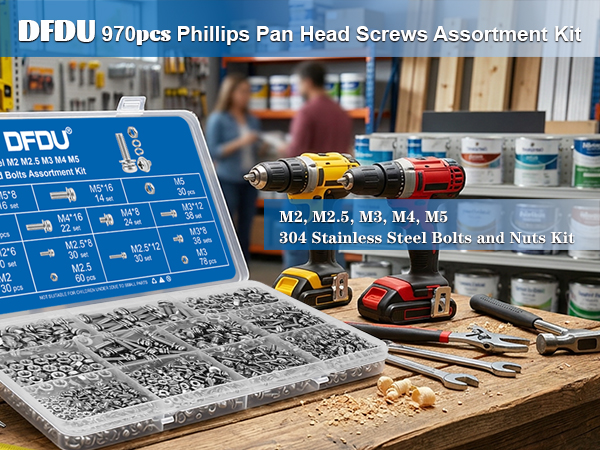 970 Pcs 304 Stainless Steel M2 M2.5 M3 M4 M5 Phillips Pan Head Bolts Assortment Kit