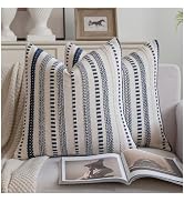 Cethom Navy Blue Boho Throw Pillow Covers 18x18 Inch Set of 2, Stripe Textured Decorative Couch P...