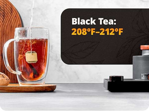 water falling into cup with teabag making black tea