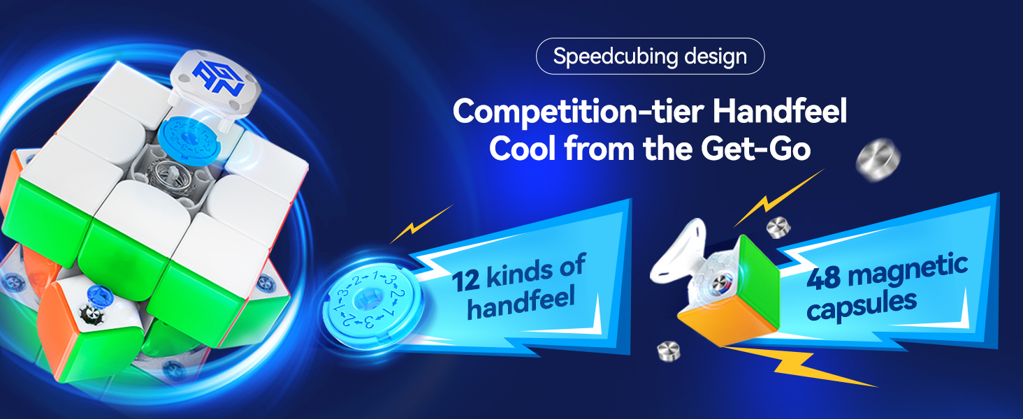 Colorful speed cube with 'Speedcubing design' text. Features include 12 types of handfeel and 48 magnetic capsules. Product shown with lightning bolt graphics on blue background.