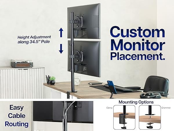 dual monitor mount stacked vertical ultrawide desk mount adjustable VESA clamp stand cable mgmt