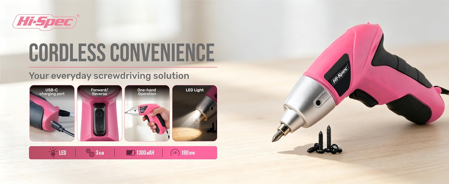 Hi-Spec Pink 4V Electric Ladies Screwdriver Tool Kit Set