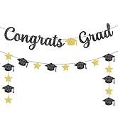 PatiCool Graduation Banner Sign - Pre-Strung, NO DIY - Black and Gold Congrats Grad Banner Decora...