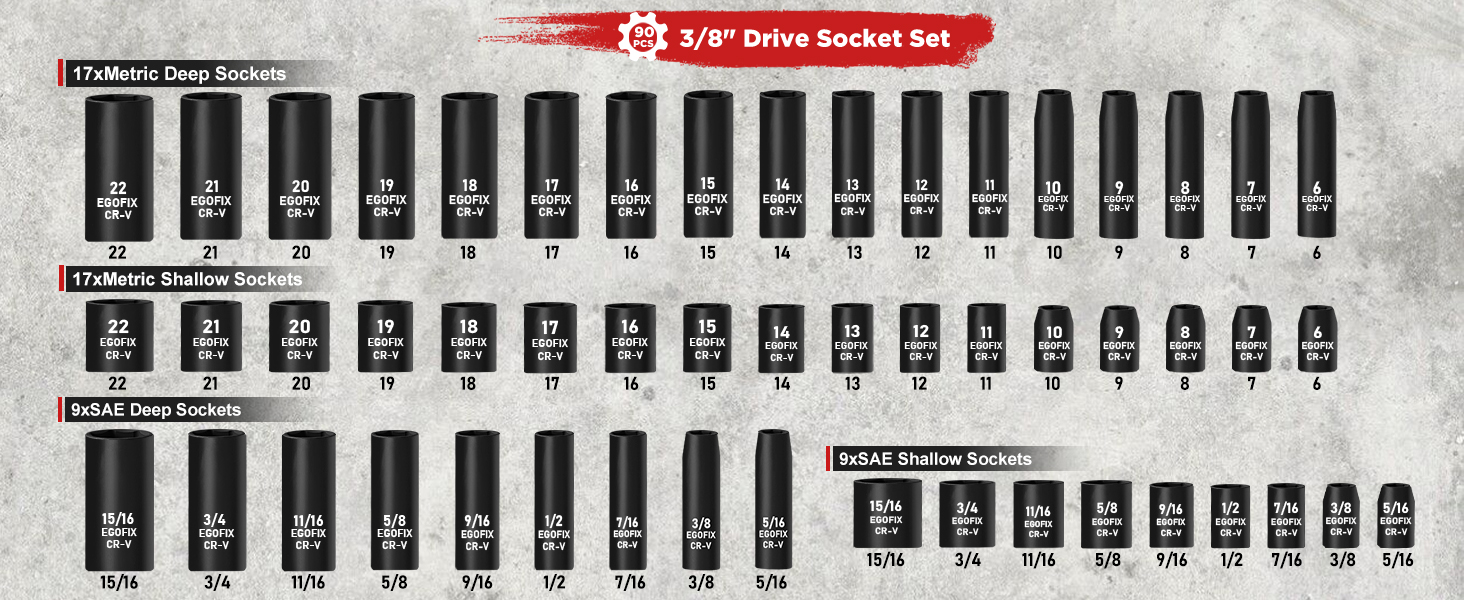 3/8 impact socket set 90 PCS size