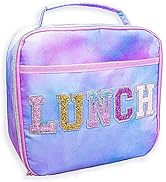 FROG SAC Kids Lunch Bag for Girls, Insulated Preppy Tie Dye Glitter Varsity Letter Patch Lunch Bo...