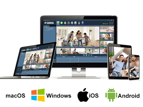 Multi-platform software interface mockups displayed across various devices, with operating system logos for Windows, iOS, and Android below.