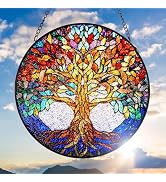 Double Sided Tree of Life Stained Glass Window Hanging, 7.9” Sun Catcher Panel, Green Plant Wall ...