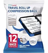 12 Pack Compression Bags for Travel, Roll Up Reusable Travel Space Saver Vacuum Storage Bags for ...