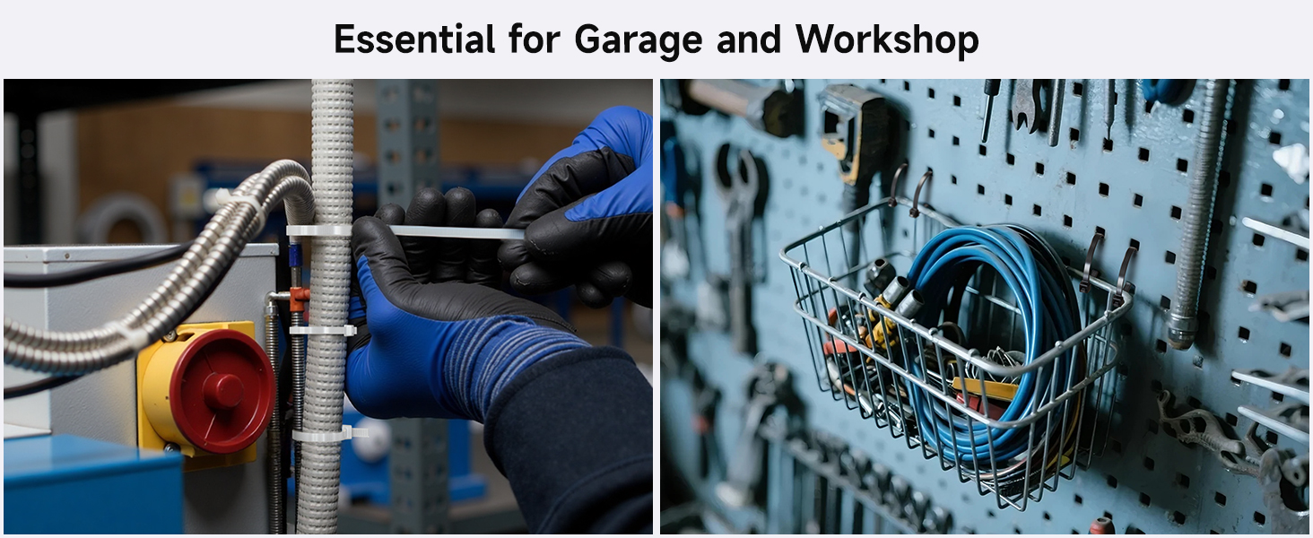 Self-locking zip ties for easy handling and secure grip on wires and cables.