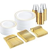 bUCLA 300PCS Gold Disposable Dinnerware Set - White and Gold Plastic Plates Dinnerware 50 Guests ...