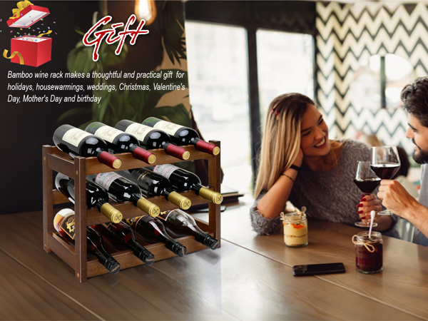 Bamboo Wine Rack, 3-Tier 12 Bottles Wine Storage Cabinet Shelf, Natural Wine Racks Countertop