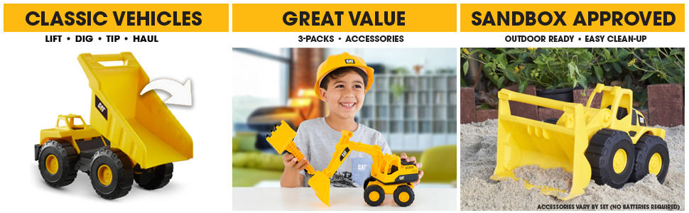 A Cat construction vehicle toy dump truck tilting its bed, a boy with hardhat, shovel, and bulldozer