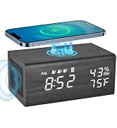 Wooden Digital Alarm Clocks,10W Wireless Charging with 3 Alarms, Dual 5W Stereo Bluetooth Speaker...