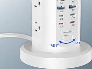 The white power strip tower has an on/off switch.