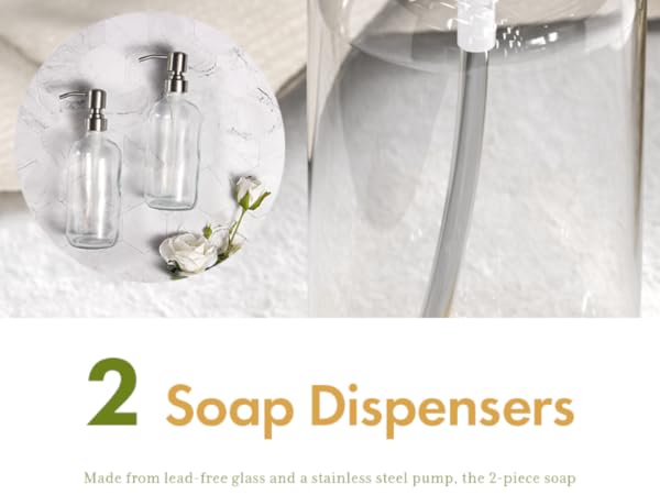 Soap Dispenser 2 Pack Glass Soap Dispenser with Pump Stainless Steel Soap Dispenser Bathroom