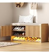 HOMEFORT 39.4" Fluted Shoe Storage Bench, Entryway Bench with Linen Seat Cushion, Shoe Cabinet Be...
